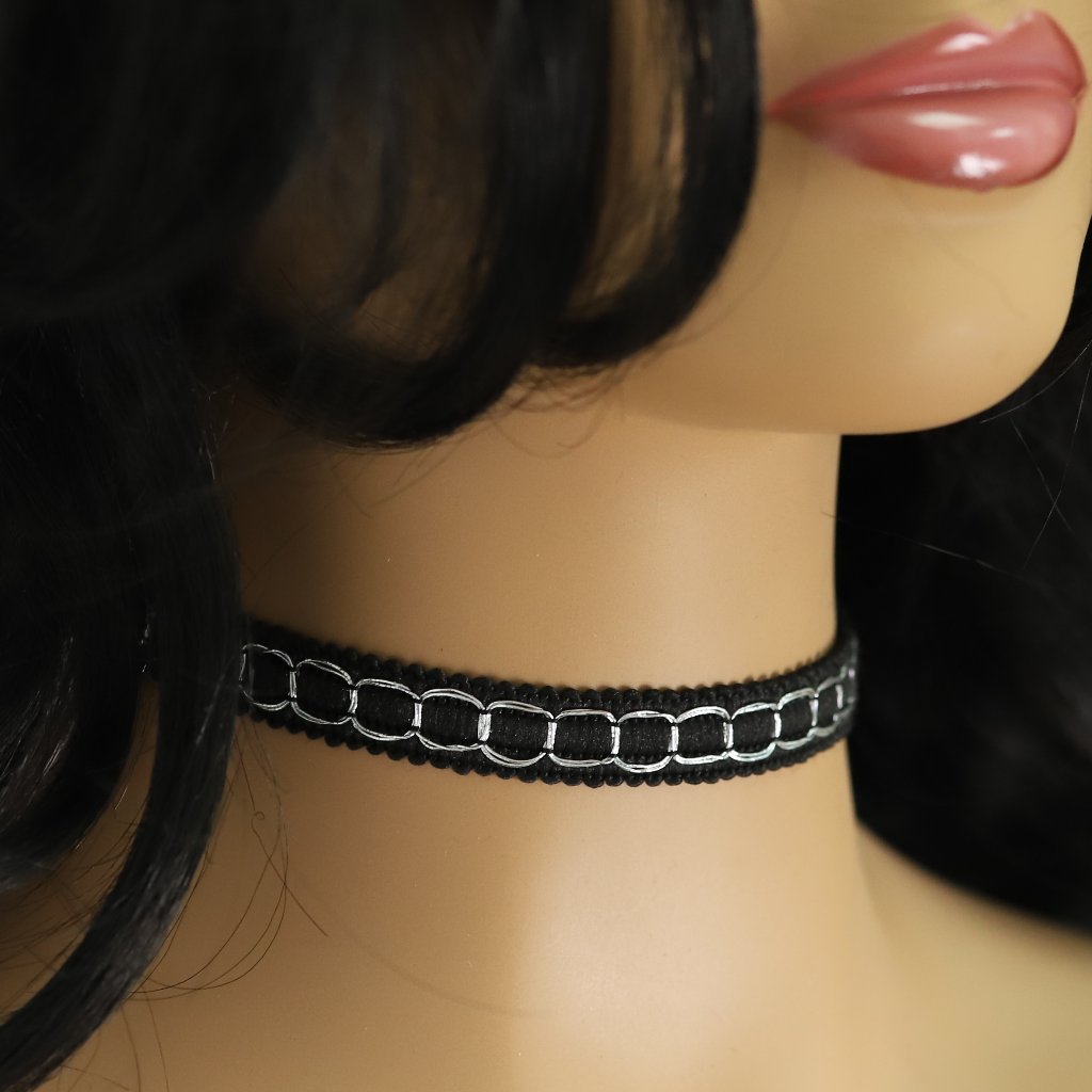 Black Lace Gothic Choker Adjustable Length Black With Silver (#25a)